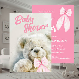 Baby Shower Cute Bear Pink Ribbon  Inbjudningar