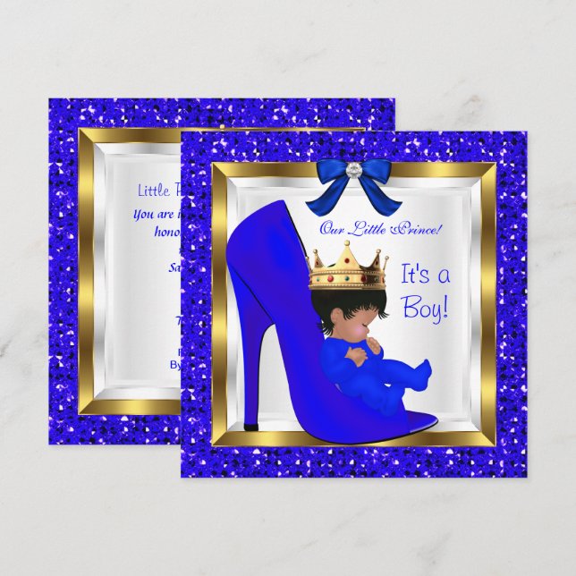 Baby Shower Cute Boy Prince Royal Blue Shoe Inbjudningar (Fram/baksida)