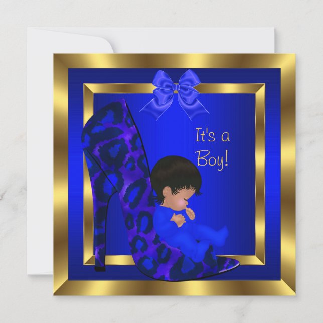 Baby Shower Cute Boy Royal Blue Shoe Leopard Inbjudningar (Framsida)
