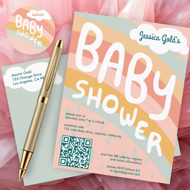 BABY SHOWER Cute Clouds Rainbow Anpassningsbar QR  Inbjudan Vykort (BABY SHOWER Cute Clouds Rainbow Custom QR CODE Invitation Postcard Pink)