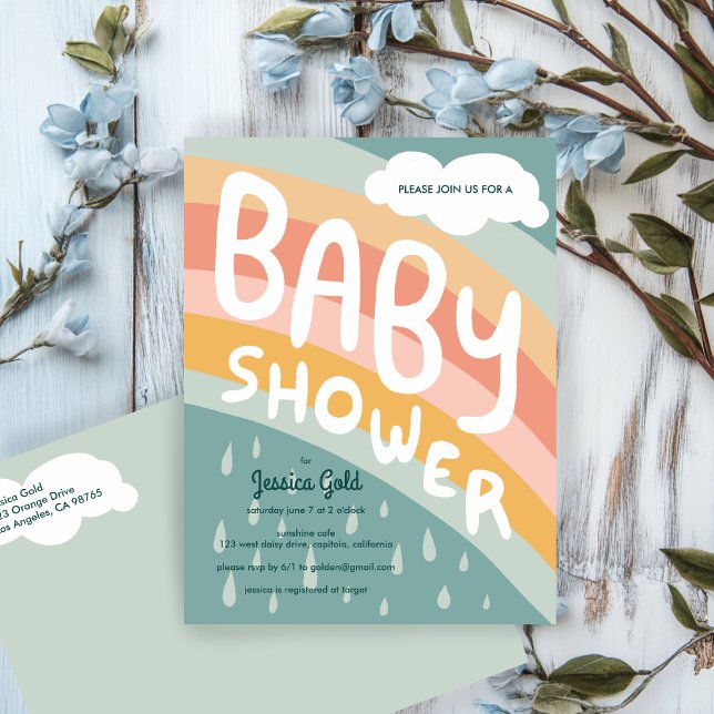 BABY SHOWER Cute Clouds Rainbow Rain Anpassningsba Inbjudan Vykort (BABY SHOWER Cute Clouds Rainbow Rain Custom Invitation Postcard
)