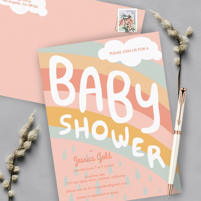 BABY SHOWER Cute Clouds Rainbow Rain Anpassningsba Inbjudan Vykort (BABY SHOWER Cute Clouds Rainbow Rain Custom Invitation Postcard
Pink Girly )