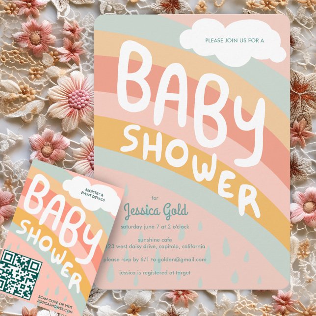 BABY SHOWER Cute Clouds Rainbow Rain Anpassningsba Inbjudningar (BABY SHOWER Cute Clouds Rainbow Rain Custom Invitation
Pink Pastel )