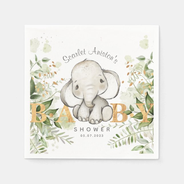 Baby Shower Cute Elephant Greenery Pappersservett (Framsidan)