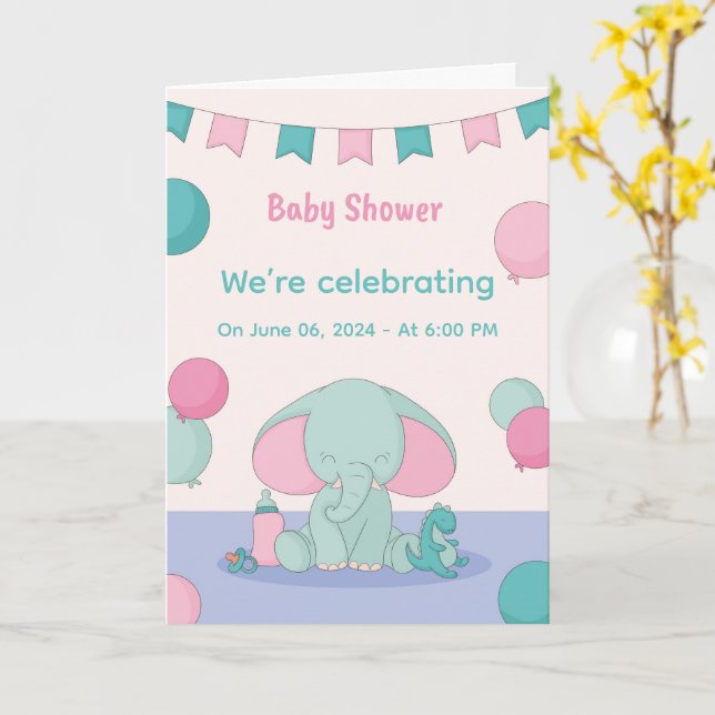 Baby Shower Cute Elephants Invitations Kort (Gul blomma)