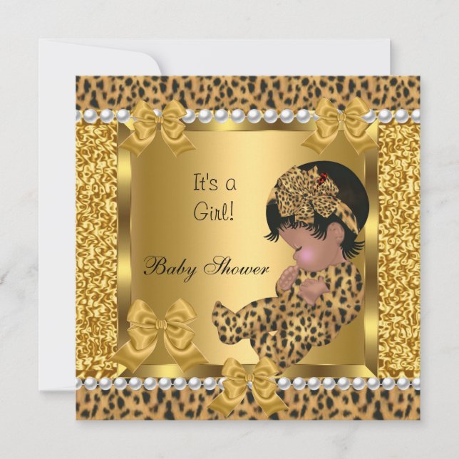 Baby Shower Cute Flicka Guld Leopard Inbjudningar (Framsida)