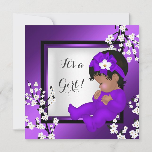 Baby Shower Cute Flicka Lila Blommar Black AM Inbjudningar (Framsida)