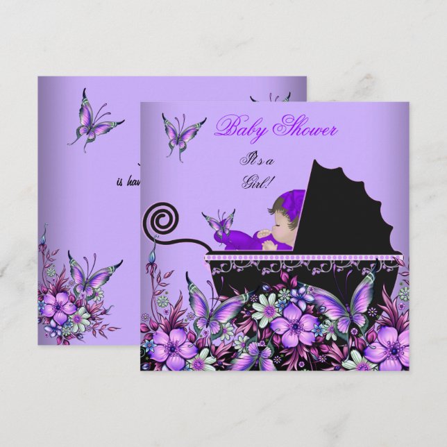 Baby Shower Cute Flicka Lila Butterfly 2 Inbjudningar (Fram/baksida)