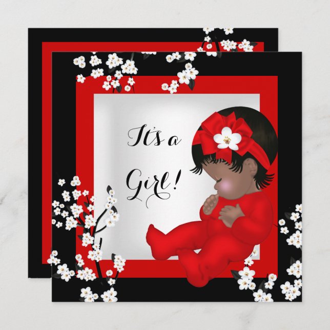 Baby Shower Cute Flicka Red Blommar Black AM5 Inbjudningar (Fram/baksida)