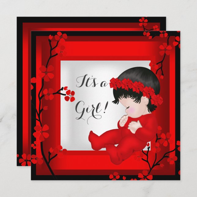 Baby Shower Cute Flicka Red Blommar Black White Inbjudningar (Fram/baksida)