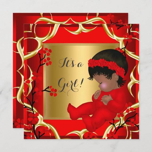 Baby Shower Cute Flicka Red Blommar Guld AM 4 Inbjudningar (Fram/baksida)