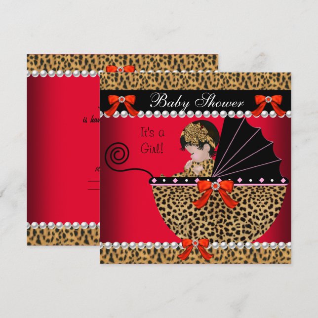 Baby Shower Cute Flicka Red Leopard Bow Inbjudningar (Fram/baksida)