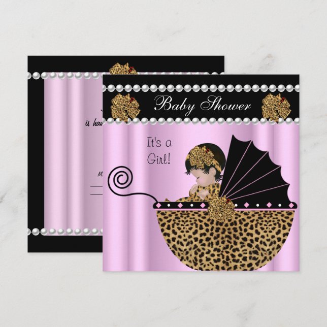 Baby Shower Cute Flicka Rosa Leopard Bow Inbjudningar (Fram/baksida)