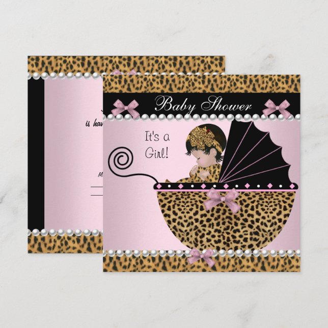 Baby Shower Cute Flicka Rosa Leopard Bow Inbjudningar (Fram/baksida)
