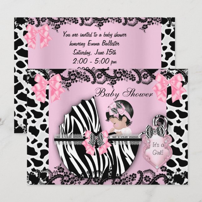 Baby Shower Cute Flicka Rosa Zebra Cow Snöre 3 Inbjudningar (Fram/baksida)