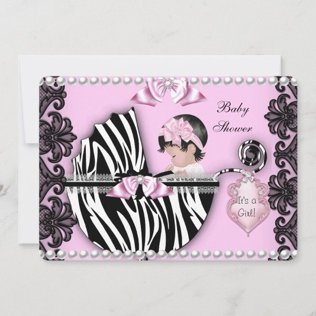 Baby Shower Cute Flicka Rosa Zebra Pram 2 Inbjudningar (Framsida)
