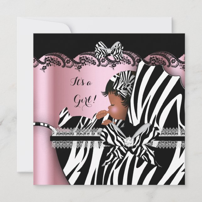Baby Shower Cute Flicka Rosa Zebra Pram Inbjudningar (Framsida)