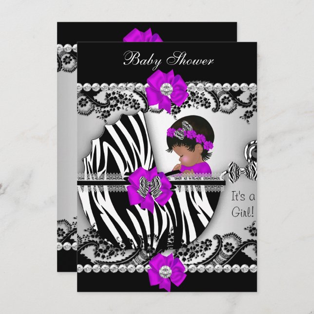 Baby Shower Cute Flicka Zebra Lila Rosa Black Inbjudningar (Fram/baksida)