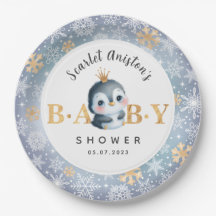 Baby Shower Cute Penguin med Krona Pappra Tallrika