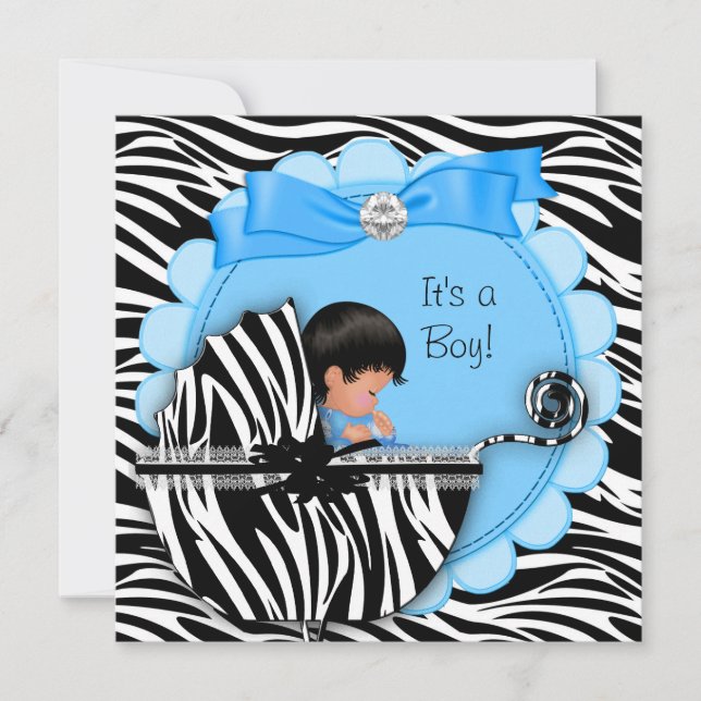 Baby Shower Cute Pojke Blue Zebra Pram Inbjudningar (Framsida)