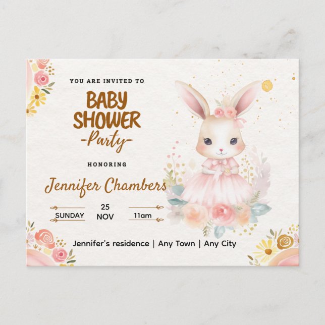 Baby Shower - Cute Rosa Bunny Redigerbar Vykort (Framsida)