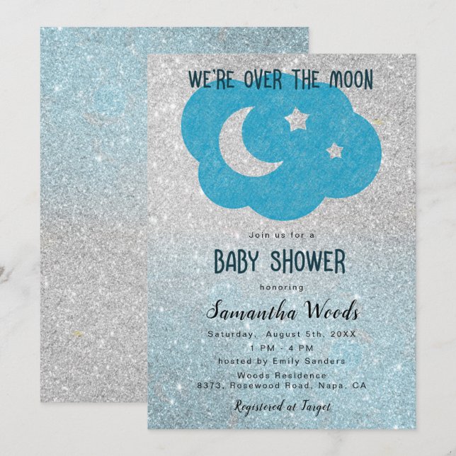 Baby Shower Cute Silver och Blue Glitter Måne Inbjudningar (Fram/baksida)