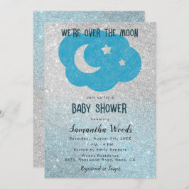 Baby Shower Cute Silver och Blue Glitter Måne Inbjudningar