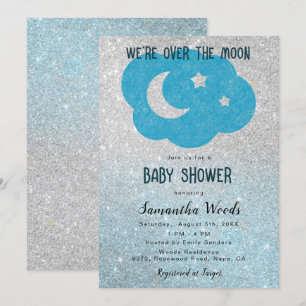 Baby Shower Cute Silver och Blue Glitter Måne Inbjudningar