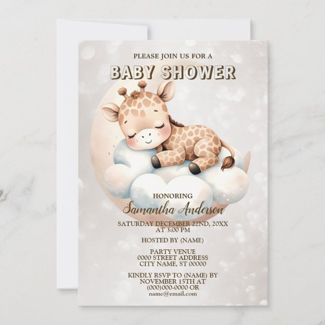 Baby Shower Cute Sleeping Baby Giraffe Animal Inbjudningar (Framsida)