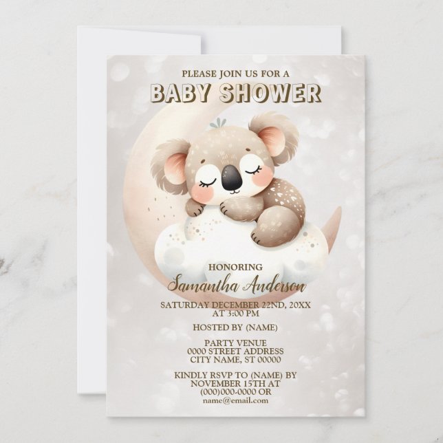 Baby Shower Cute Sleeping Baby Koala Animal Inbjudningar (Framsida)