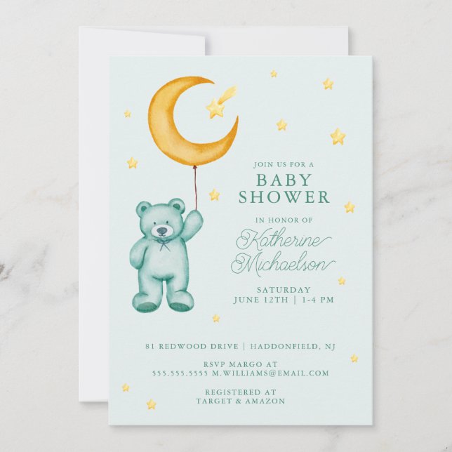 BABY SHOWER | Cute Watercolor Bear Måne Inbjudningar (Framsida)