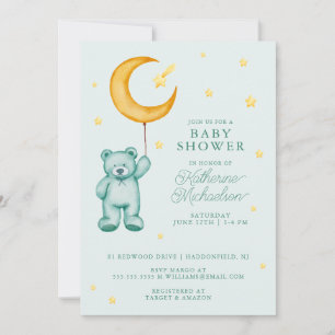 BABY SHOWER   Cute Watercolor Bear Måne Inbjudningar