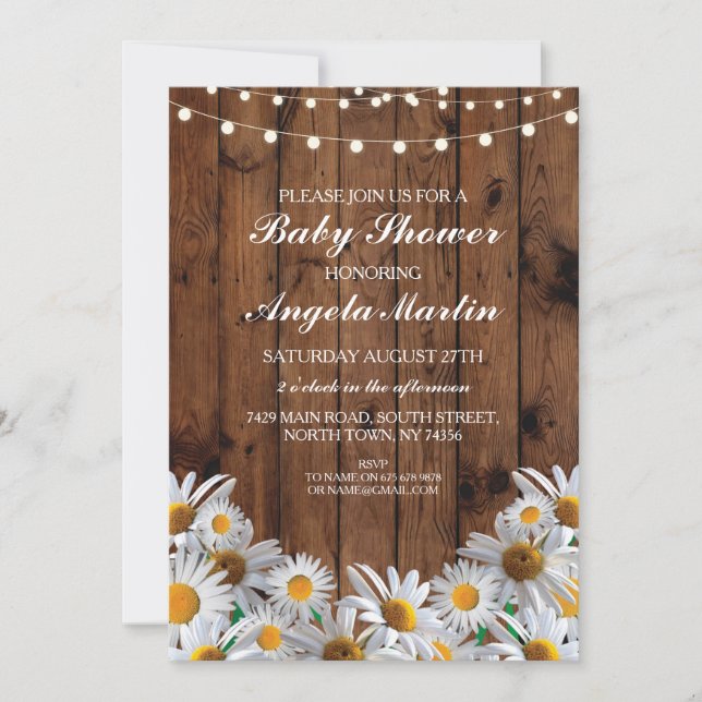Baby Shower Daisy Wood Rustic Ljus Blommigt Inbjud Inbjudningar (Framsida)