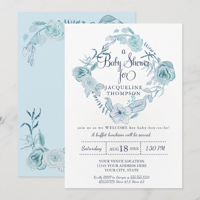 Baby Shower Dammig Blå Akvarell Blommor Inbjudningar (Fram/baksida)