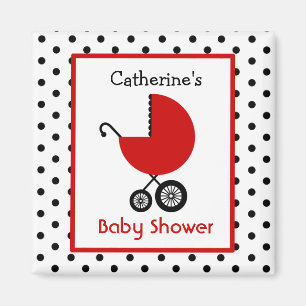 Baby shower - den röda vagnen och polkaen pricker magnet