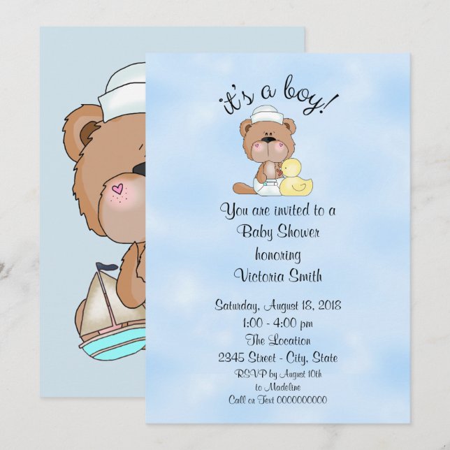 Baby Shower Det är en Boy-Nalle Inbjudningar (Fram/baksida)