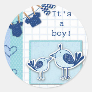 Baby Shower Det är en pojke Blå fåglar Runt Klistermärke