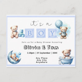 Baby Shower - det är en pojke! Nallar. Redigerbar Vykort