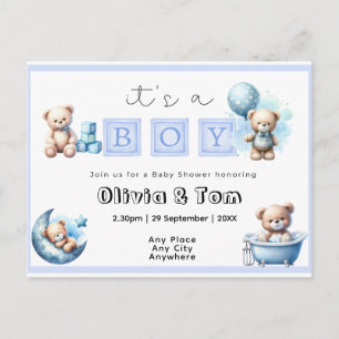 Baby Shower - det är en pojke! Nallar. Redigerbar Vykort