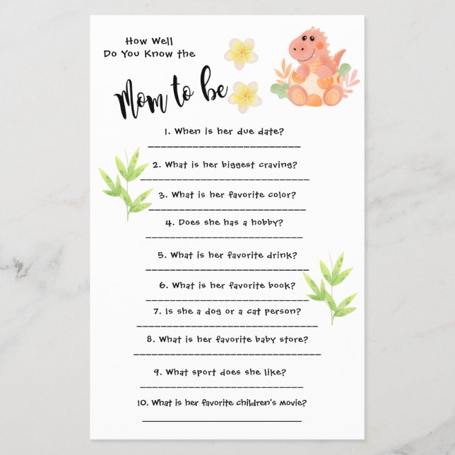 Baby Shower Dinosaur Hur väl du känner till kortet Flygblad (Framsidan)