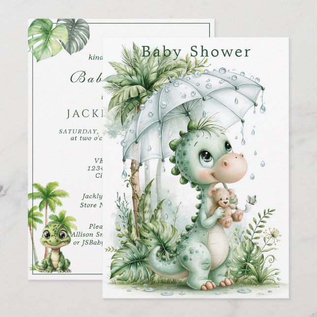 Baby Shower Dinosaur Paraply Tropiskt Tema Inbjudningar (Fram/baksida)