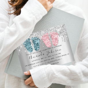 Baby Shower Drips Silvergrå Fötter Tvillingar Pojk Inbjudningar