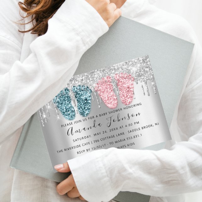 Baby Shower Drips Silvergrå Fötter Tvillingar Pojk Inbjudningar (Baby Shower Drips Silver Gray Feet Twins Boy Girl Invitation)