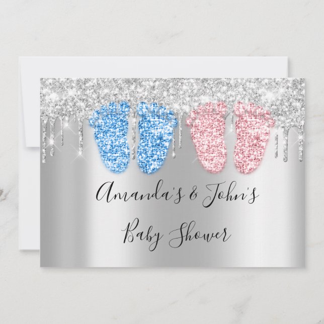 Baby Shower-drivor Silverföt Tvillingar Pojke Flic Inbjudningar (Baksida)