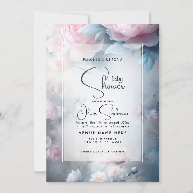 Baby Shower- Drömskt Rosa Peony Blommig  Inbjudningar (Framsida)