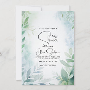 Baby Shower - Dusty Blue Leafy QR Inbjudningar