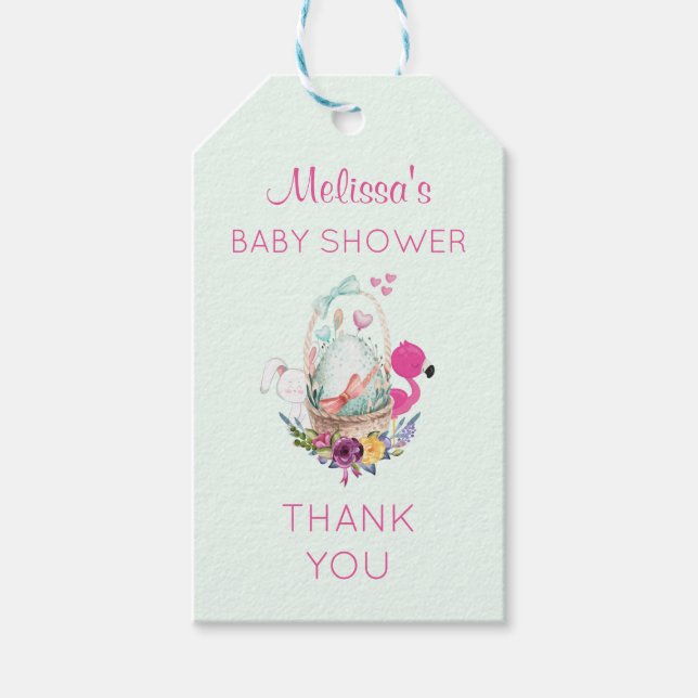 Baby Shower Egg w/ Flamingo & Bunny Tack Presentetikett (Framsidan)