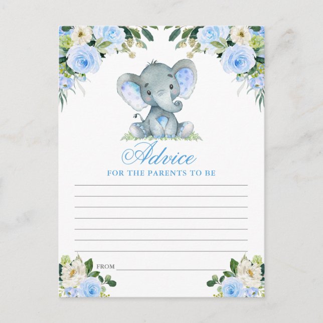 Baby Shower Elefant Blå Blommig Rådgivningskort Vykort (Framsida)