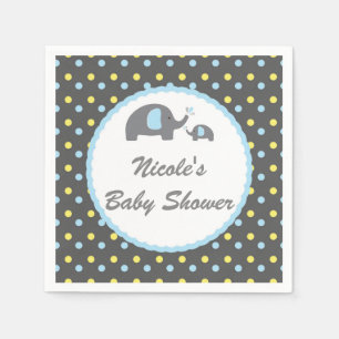 Baby Shower Elefanter Blå Grå & Gul Pappersservett