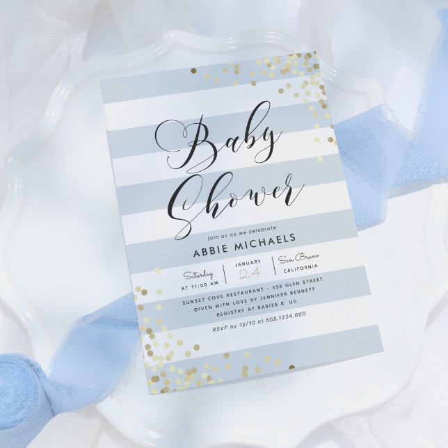 Baby Shower | Elegant Guld confetti & Blue Rand Inbjudningar (Skapare uppladdad)